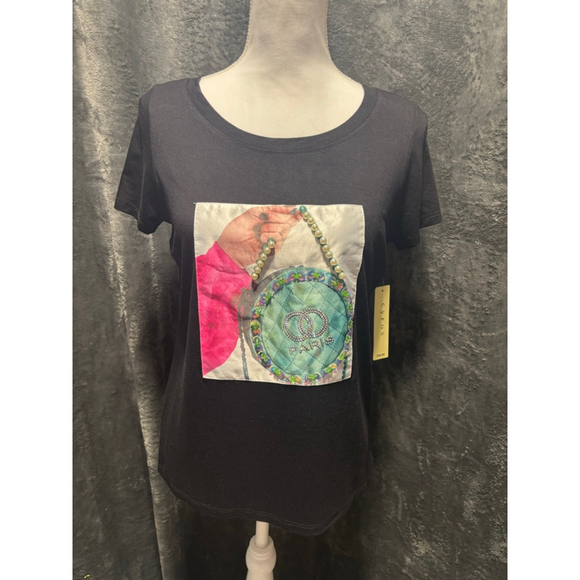 Cyrus Tops - Cyrus Black Paris 3D Paris Graphic T-Shirt w/Pearl Beads Rhinestones Size S